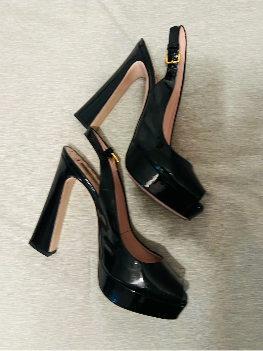 Miu Miu Black Patent Platform Slingback Heels with Pink Trim